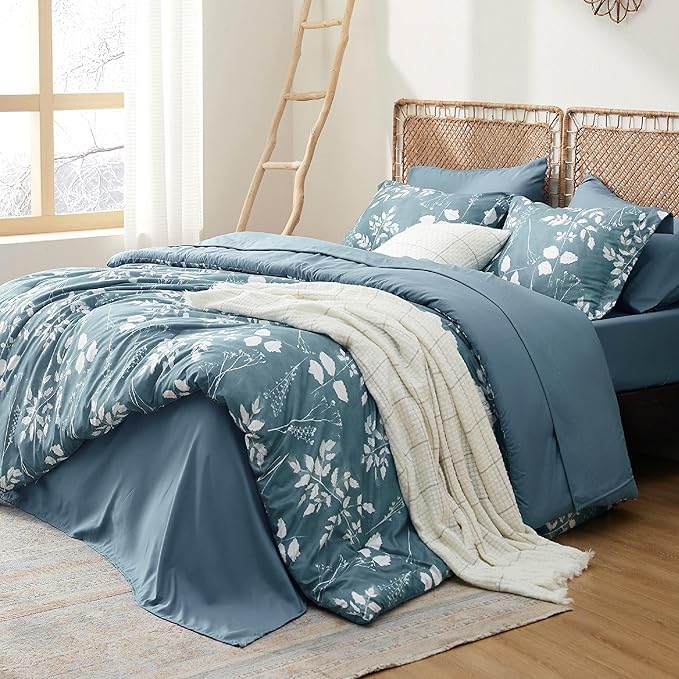 Bedsure Twin Comforter Set - 5 Pieces Floral Mineral Blue Soft Bedding Sets, Twin Bed in a Bag with Botanical Flowers Comforter, Sheets, Pillowcase & Sham