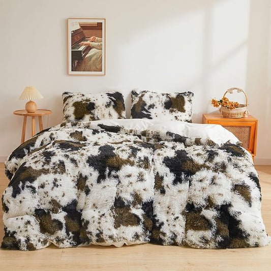 XeGe Cow Print Fluffy Faux Fur Duvet Cover Set, 3 Pieces Soft Plush Shaggy Fuzzy Bedding Set(1 Faux Fur Farmhouse Comforter Cover + 2 Furry Pillowcases), Zipper Closure(Queen, Cow Print Brown)