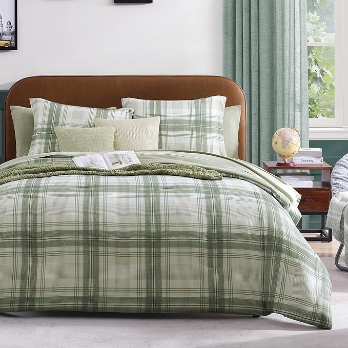 Twin XL Comforter Set, Green Plaid Bedding Set 5 Piece for Boys Girls Teen, Classic Homestead-Style Kids Comforter Set Bed in A Bag with Sheets, Pillowcase & Sham