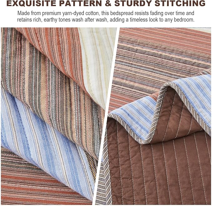 Oversized King Quilt Bedspread Coverlet 128x120, 100% Cotton California King Quilt with Pillow Shams, Soft Yarn Dyed Multicolor Striped Bedding Set, Brown/Beige/Blue