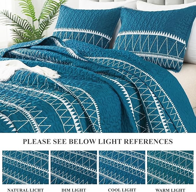 Andency Teal King Size Quilt Set, 3 Pieces Boho Lightweight Soft Striped Bedspread for All Season (106"x96"), Printed Bohemian Microfiber Reversible Coverlet Comforter Sets