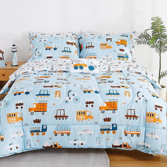 Mooreeke Kids Twin Comforter Sets for Boys 6 Pieces Light Blue Bedding Set for Teens Microfiber Car Truck Kids Bed in A Bag with Comforter, Sheet Set, Shams and Decorative Toy Pillow All Season