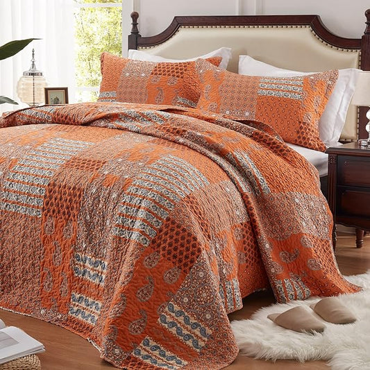 LEAONME Quilt Set King Size 3 Piece Bedspread Coverlet Lightweight Comforter Microfiber Bedding Set for All Season Oversized 98x106 Inch Bed Cover Paisley Burnt Orange/Rust (1 Quilt, 2 Pillow Shams)