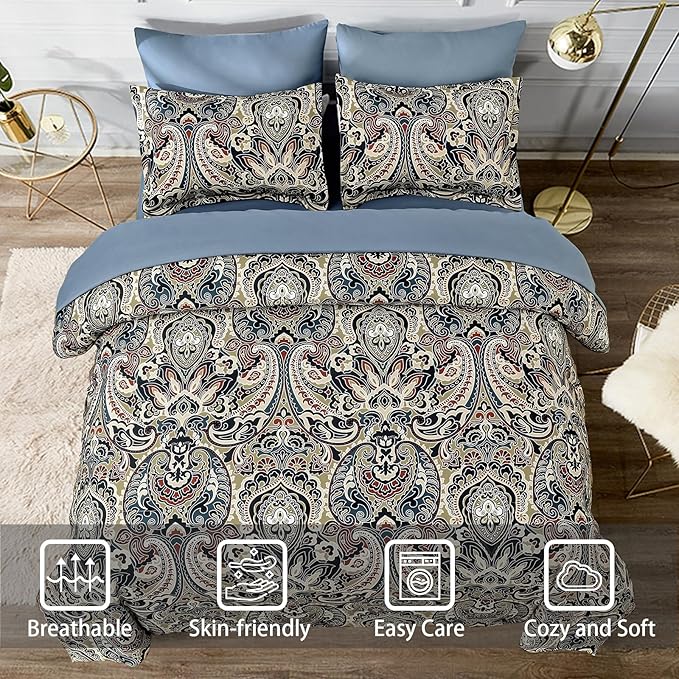 Boho Comforter Set Queen, 7 Pieces Bed in A Bag Comforter Boho Paisley Pattern Bedding Set Soft Microfiber Queen Size (1 Blue Comforter, 1 Flat Sheet, 1 Fitted Sheet, 2 Pillow shams, 2 Pillowcases)