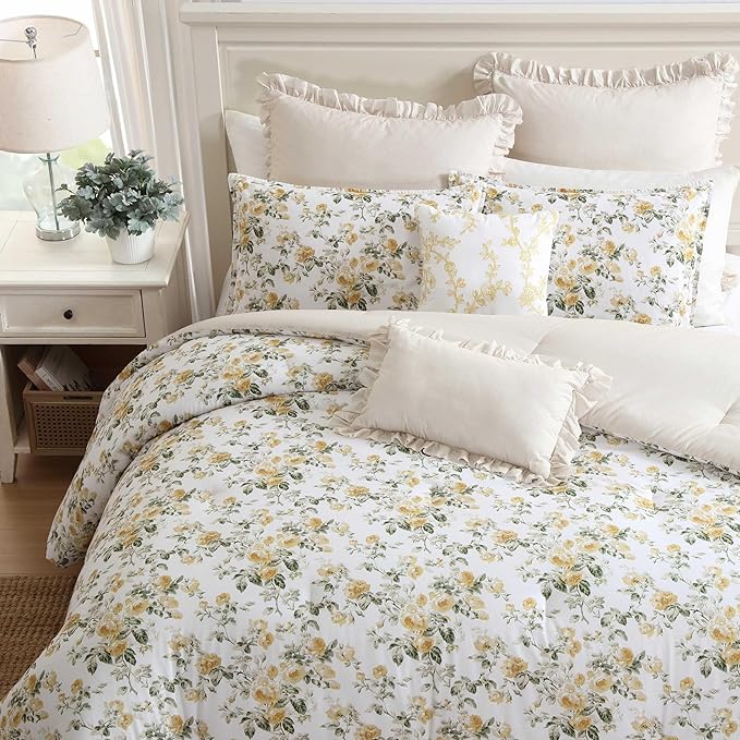 Laura Ashley - Full/Queen Comforter Set, Premium Cotton Bedding with Matching Shams & Bonus Decorative Pillow, Floral Home Decor, Oeko-Tex Certified (Roses Gold, Full/Queen)