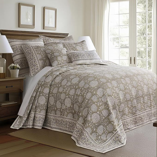 Levtex Home – Adare Taupe Bedspread Set – Twin Bedspread (80x106in.) and 1 Standard Sham (20x26in.) – Floral Botanical Design – Taupe and White – Reversible – Cotton