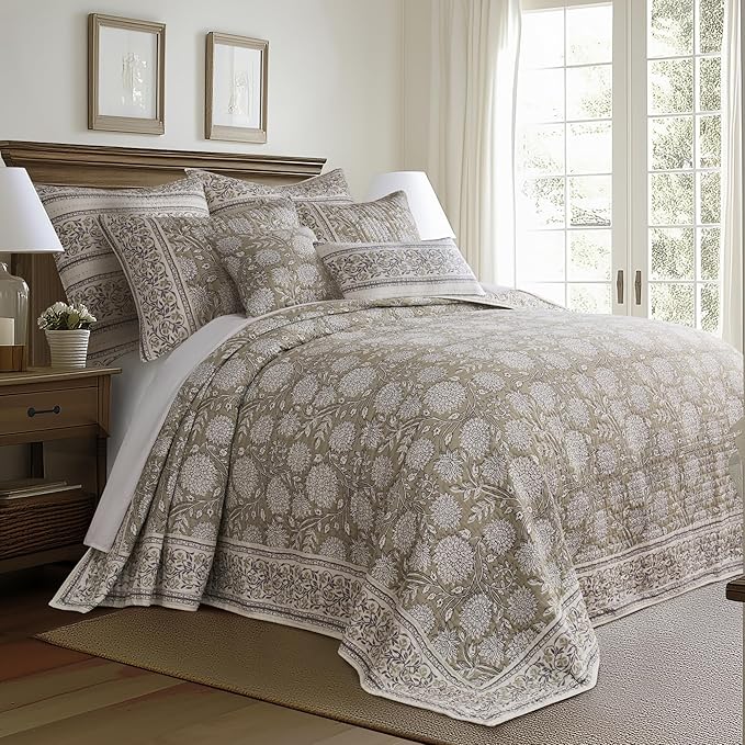 Levtex Home – Adare Taupe Bedspread Set – Queen Bedspread (110x106in.) and 2 Standard Shams (20x26in.) – Floral Botanical Design – Taupe and White – Reversible – Cotton