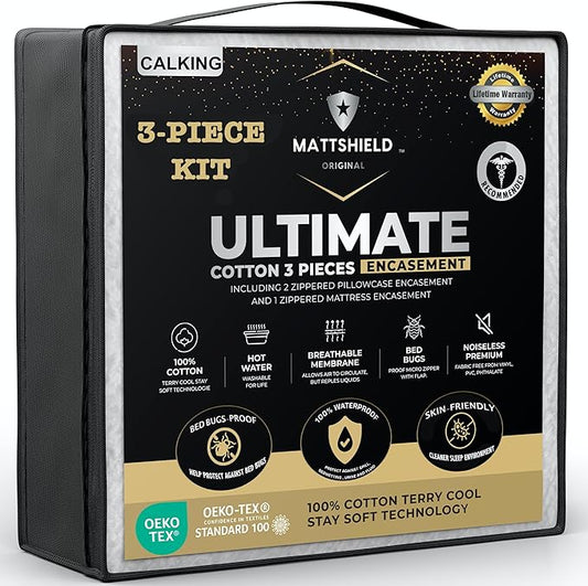 MATTSHIELD Ultimate 3-Piece Kit - Bed Bug-Proof Mattress Cover Calif King 100% Cotton Top + 2 Queen Pillow Protectors with Zipper - 6 Sided Waterproof Encasement, Total Defense Kit