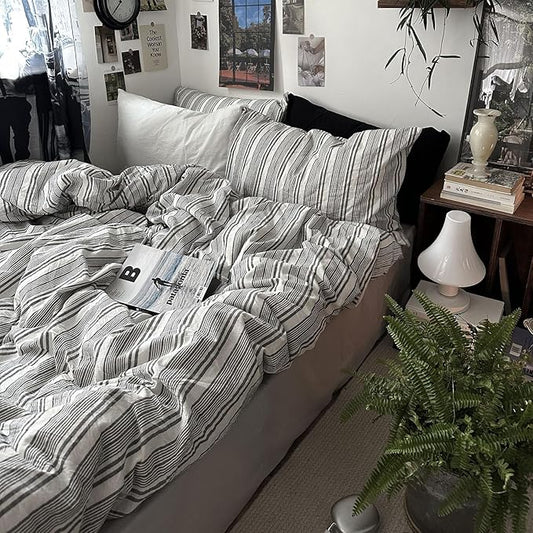 mixinni Vintage Gray & White Striped Duvet Cover Set - 3 Piece 100% Washed Cotton Twin XL Size Bedding | Minimalist Gender-Neutral Design | Ultra-Soft Breathable, with Zipper Closure & Corner Ties