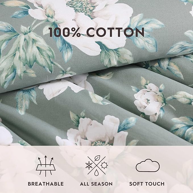 Laura Ashley - Twin Comforter Set, Premium Cotton Bedding with Matching Sham, Includes Bonus Decorative Pillow Covers, Floral Home Decor, Oeko-Tex Certified (Wisley Floral Green, Twin)