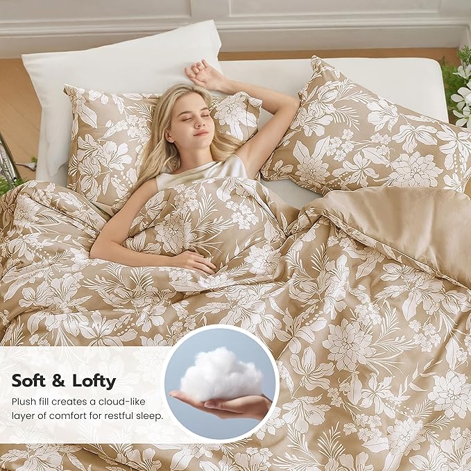 Joiedomi King Size Comforter Set Beige, 3 Pieces Floral King Bedding Set with 1 Soft Reversible Botanical Flower Comforter and 2 Pillow Shams, Bed in a Bag for All Seasons