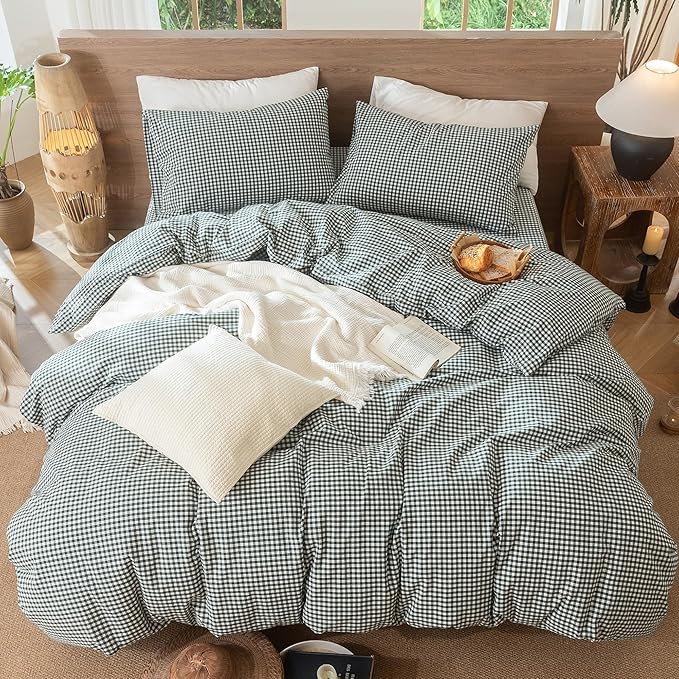 MooMee Gingham Duvet Cover Set 100% Washed Cotton Linen Like Textured Breathable Durable Soft Comfy Modern Checkered Design (Mini Gingham Forest Green, Palatial King/Oversized King 120"x98")