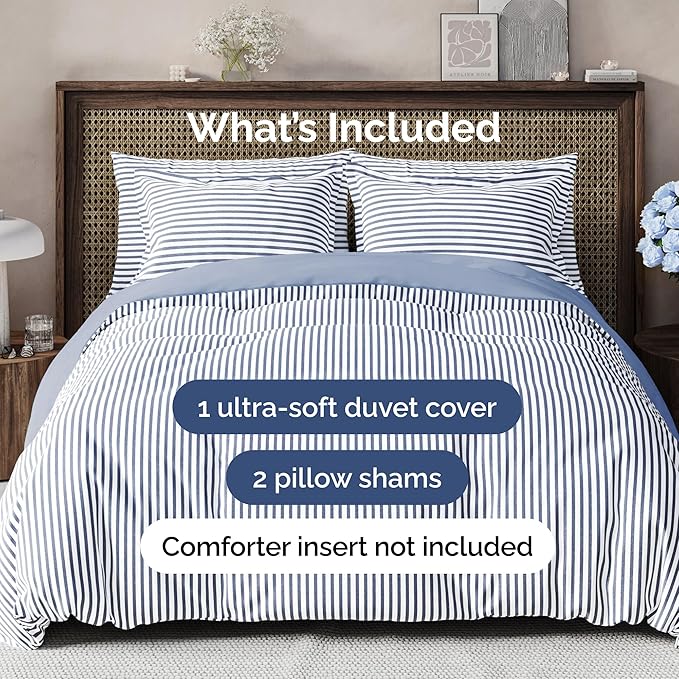 Duvet Cover Cal King Size - Extra Soft Cal King Size Duvet Cover - Lightweight, Breathable & Fade Free with Zipper Closures and Ties - 104" x 98" Inches - (Blue Stripes 2) Comforter Not Included