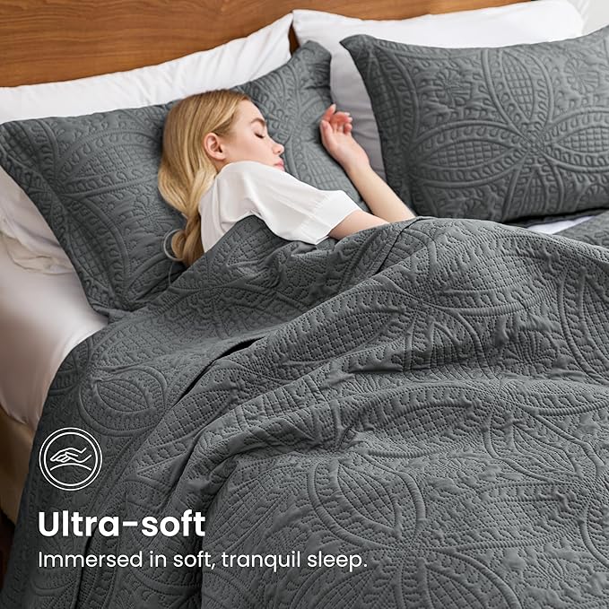 Love's cabin King Size Quilt Bedding Set Dark Grey Bedspreads - Bed Lightweight Bedspread Comforter - Coin Pattern Bedding Coverlet for All Season - 3 Pieces (1 Quilt, 2 Pillow Shams)