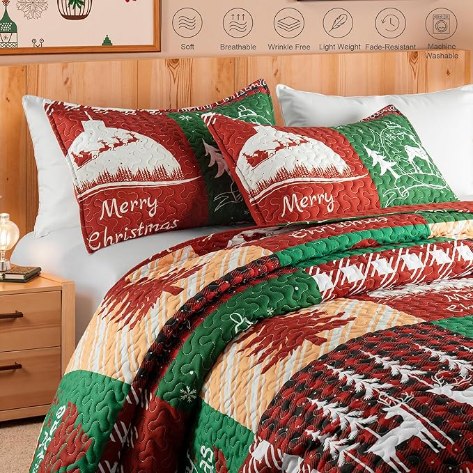 Whale Flotilla Christmas Quilt Twin Size, Soft Boho Patchwork Bedspreads for Bed Reversible Lightweight Twin Quilt Bedding Set Coverlets with 1 Pillow Sham for All Seasons, Happy Christmas