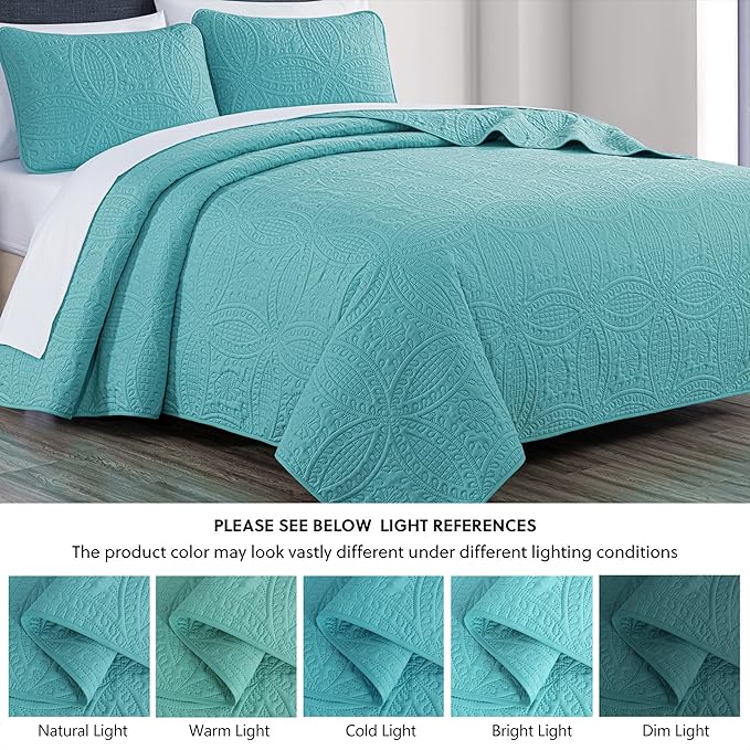 Chezmoi Collection Austin 3-Piece Oversized Bedspread Coverlet Set (King, Turquoise)
