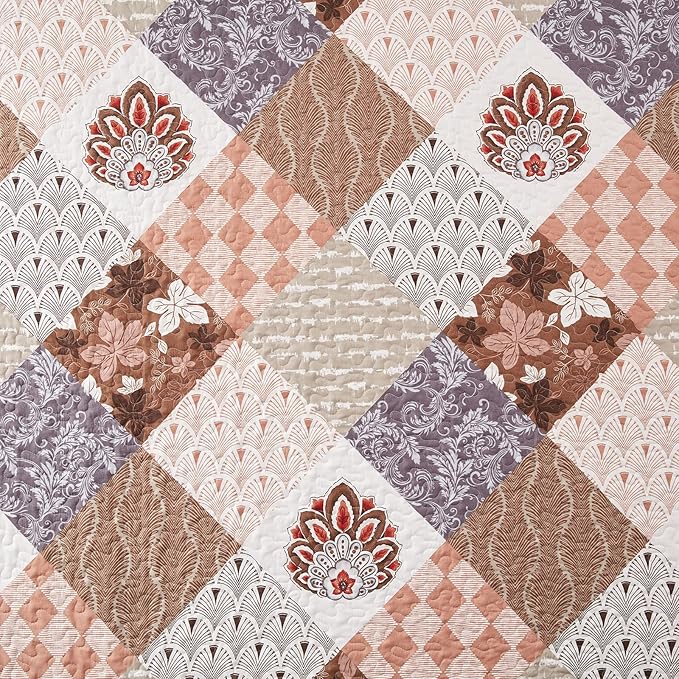 Full/Queen Size Quilt Set 3 Pieces Lightweight Reversible Bedspread-90''x98'' Soft Patchwork Floral Coverlet Luxurious Warm Microfiber Bed Cover All Seasons Brown Bedding Set(1 Quilt,2 Pillow Shams)