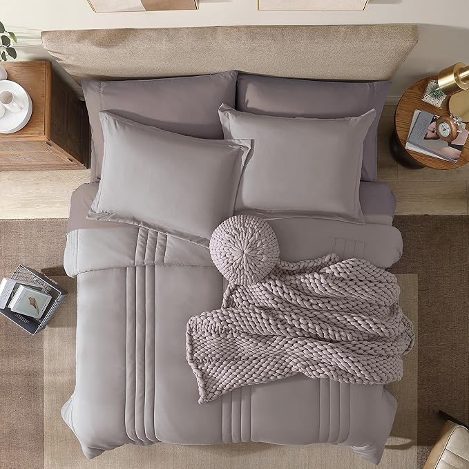 Monbix King Size Comforter Set - 7 Pieces Bed in a Bag King, Cloud Purple Bedding Sets with Comforter, All Seasons Comforter Bed Set with Sheets, Pillowcases & Shams