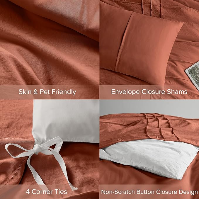 Comfort Spaces Clay Full Size Duvet Cover Set - 3-pc Pintuck Pleated Duvet Cover Full, All Season Lightweight, Extra Softness Pre-Washed Microfiber Bed Cover Shams, Full