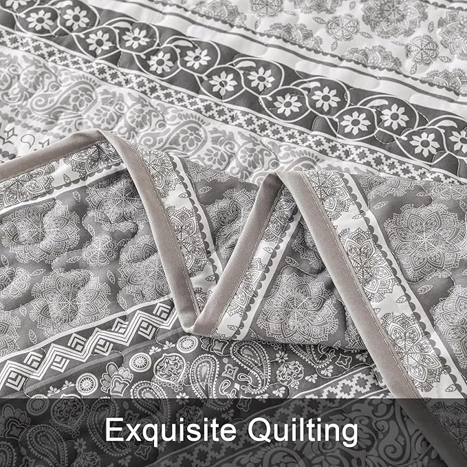 WONGS BEDDING Boho Quilt Set King Size, Gray Bohemian 3 Pieces Quilt Sets, Grey Lightweight Bedspread Coverlet Bedding Set for All Season (104"x90")