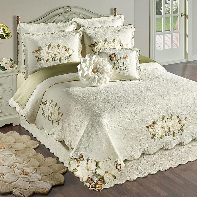 Sweetbay Garden Luxury Matelasse Bedding | Magnolia Flower, Butterfly, & Leaf Velvet Appliques | 4-Pc Ivory Textured Scroll Lightweight Bed Set: Oversized Full Coverlet, Bedskirt, & 2 Standard Shams