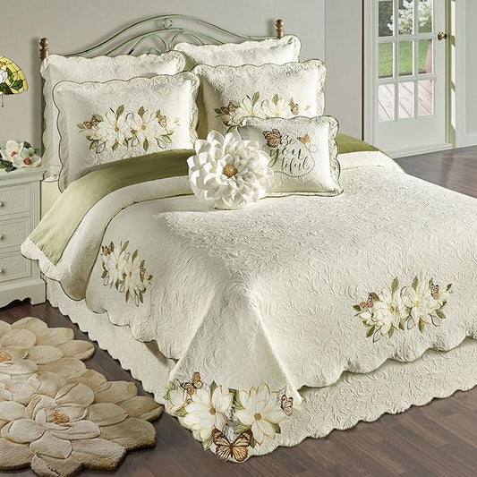 Sweetbay Garden Luxury Matelasse Bedding | Magnolia Flower, Butterfly, & Leaf Velvet Appliques | 4-Pc Ivory Textured Scroll Lightweight Bed Set: Oversized Full Coverlet, Bedskirt, & 2 Standard Shams
