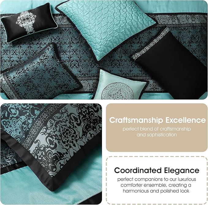 Grand Avenue Black & Teal Comforter Set California King Size, Classic Jacquard Bedding Sets, Faux Silk, Premium Microfiber, 12 Pieces Bed in a Bag, Matching Fitted Sheet, Flat Sheet