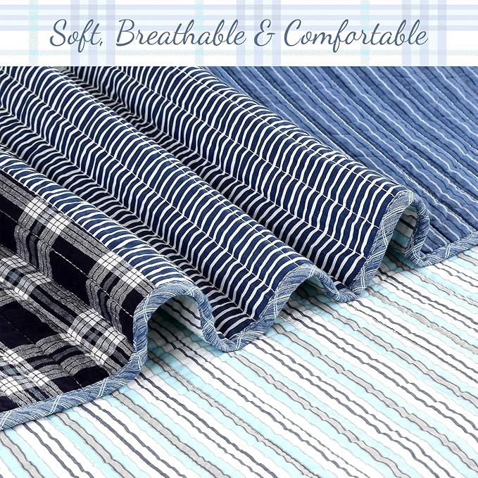 Cozy Line Home Fashions Plaid Patchwork Bedding Quilt Set, Navy Blue 100% Cotton Reversible Coverlet Bedspread for Kids Teen Boy (Craver, Twin - 2 Piece)