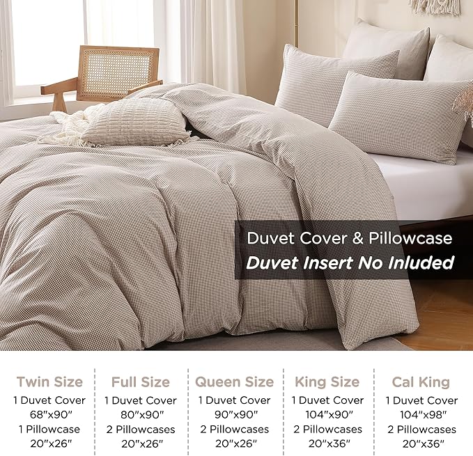 TOCOMOA Mini Gingham Tan Duvet Cover Bedding Set 100% Washed Cotton Like Linen Feel Super Soft Comfy 2 Piece Brown Small Plaid Checkered Fall Comforter Cover Set (Twin 68"x90", Comforter Not Included)