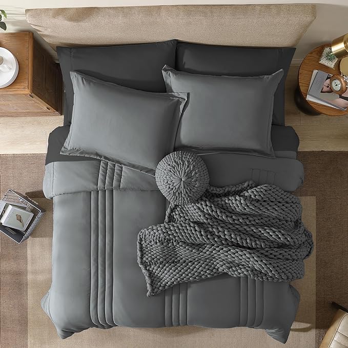 Monbix Queen Comforter Set - 7 Pieces Grey Bed in a Bag Queen Bedding Sets with Comforters, All Seasons Comforter Bed Set with Sheets,Pillowcases & Shams