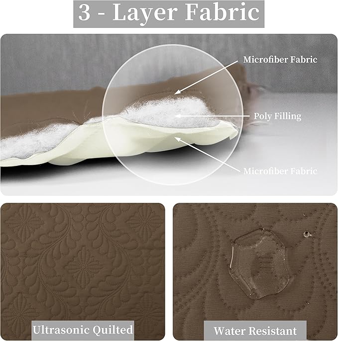Easy-Going Twin Size Reversible Quilt Set with 1 Quilt and 1 Pillow Sham, Soft Bed Quilt Cover, Water Resistant Lightweight Microfiber Bedspread, Stain Resistant, Olive Leaf-Camel/Ivory