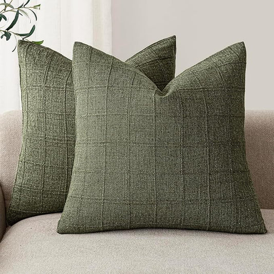 Foindtower Set of 2 Decorative Linen Check Throw Pillow Covers Neutral Farmhouse Vintage Cushion Covers Modern Boho Home Decor for Sofa Chair Couch Bedroom Living Room,26×26 Inch,Olive Green