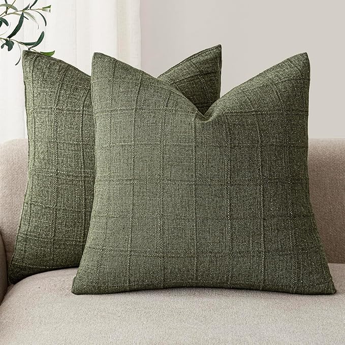 Foindtower Set of 2 Decorative Linen Check Throw Pillow Covers Neutral Farmhouse Vintage Cushion Covers Modern Boho Home Decor for Sofa Chair Couch Bedroom Living Room,22×22 Inch,Olive Green