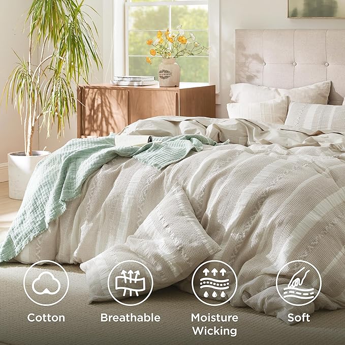 Bedsure Waffle Weave Duvet Cover King - 100% Cotton Boho Duvet Cover with 2 Pillowcases - Linen Color Textured Comforter Cover with Zipper Closure (King, 104"x90")