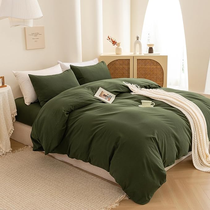 ECOCOTT Army Green Duvet Cover California King Size - 100% Washed Cotton Durable Soft Comfy Duvet Cover Set, 3 Pieces Duvet Cover with Zipper Closure (Army Green, 104''x98'')