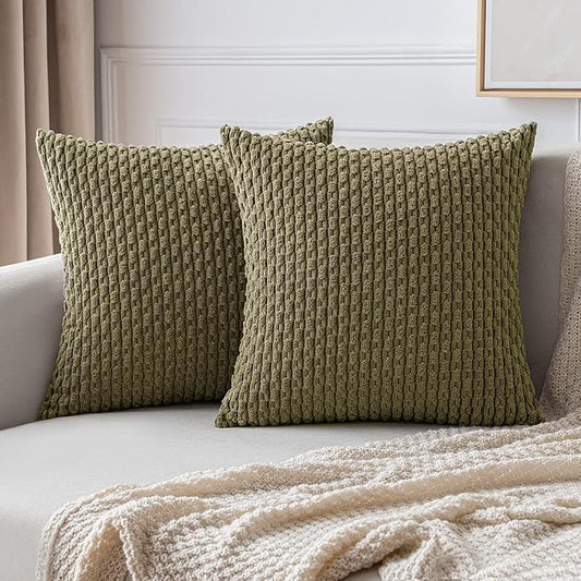 MIULEE Pack of 2 Decorative Throw Pillow Covers 20x20 Inch Soft Boho Striped Textured Corduroy Pillow Covers Modern Farmhouse Home Decor for Couch Bed Sofa Living Room Olive Green