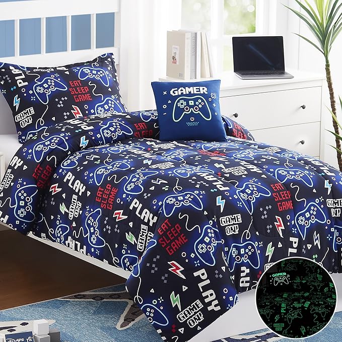 Kids Comforter Set Twin Size for Boys, Glow in The Dark Gamer Bedding Set 1 Comforter, 1 Decor Pillow, 1 Pillow Sham, Twin XL Comforter Set