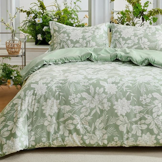 Joiedomi Full Size Comforter Set Sage Green, 3 Pieces Floral Full Bedding Set with 1 Soft Reversible Botanical Flower Comforter and 2 Pillow Shams, Bed in a Bag for All Seasons