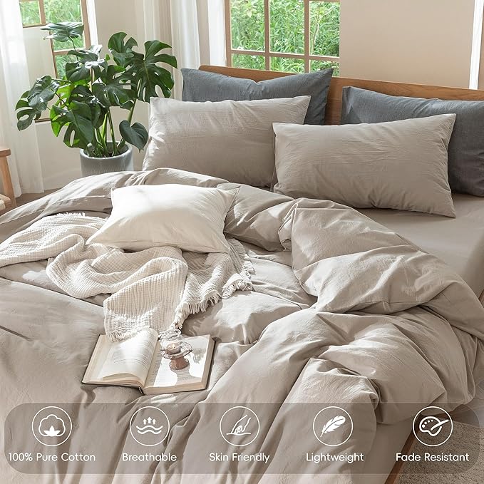 MooMee Bedding Duvet Cover Set 100% Washed Cotton Linen Like Textured Breathable Durable Soft Comfy (Solid Light Tan, Palatial King/Oversized King 120"x98")