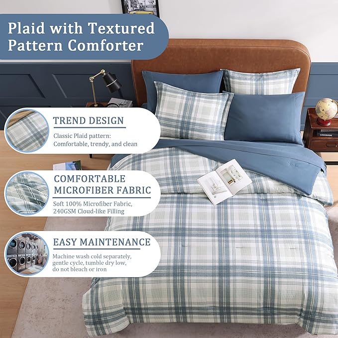 Full Size Comforter Sets, Blue Grey Plaid Bedding Set 7 Piece for Boys Girls Teen, Classic Homestead-Style Kids Comforter Set Bed in A Bag with Sheets, Pillowcases & Shams