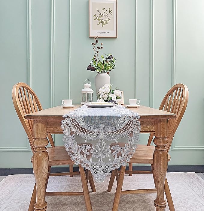 Elegant Vintage Lace Table Runner 72 inches(180cm) Long Grey Silver with Exquisite Macrame and Embroidered Floral Pattern Perfect as a Dresser Scarf (14X72'')