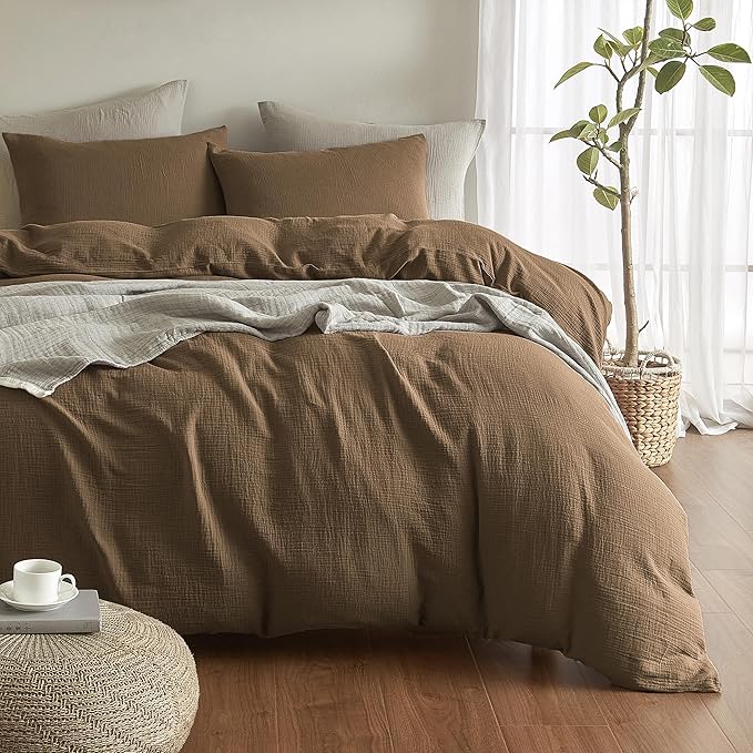 SE SOFTEXLY Muslin Duvet Cover California King Size, 100% Washed Cotton Duvet Cover Set, Soft Comforter Cover Linen Like, 3 Pieces Minimalist Gauze Duvet Cover with 2 Pillowcases, 98"x104", Dark Brown
