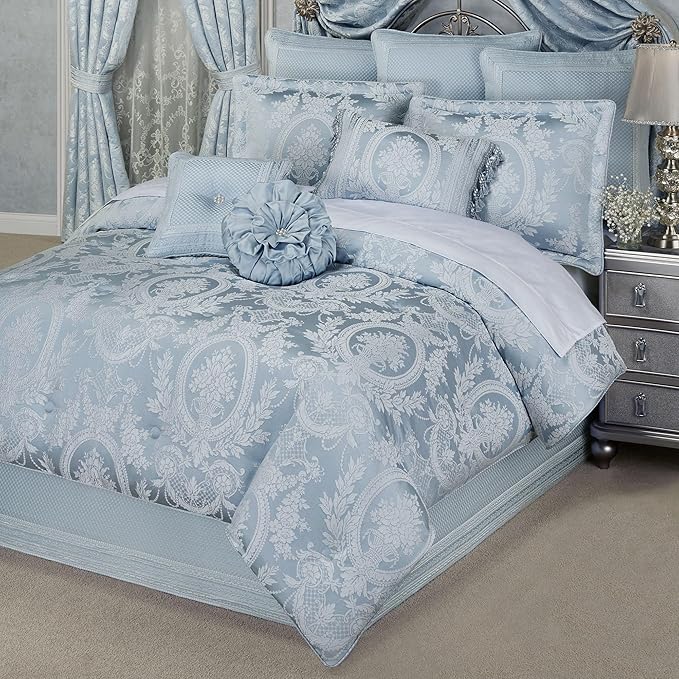 Contessa Luxury Bedding | Iced Platinum and Pastel Powder Blue | Puff Jacquard-Woven Traditional Floral Bouquet and Swag Motifs | 4 Piece Set includes Cal King Comforter, Bedskirt, and 2 King Shams