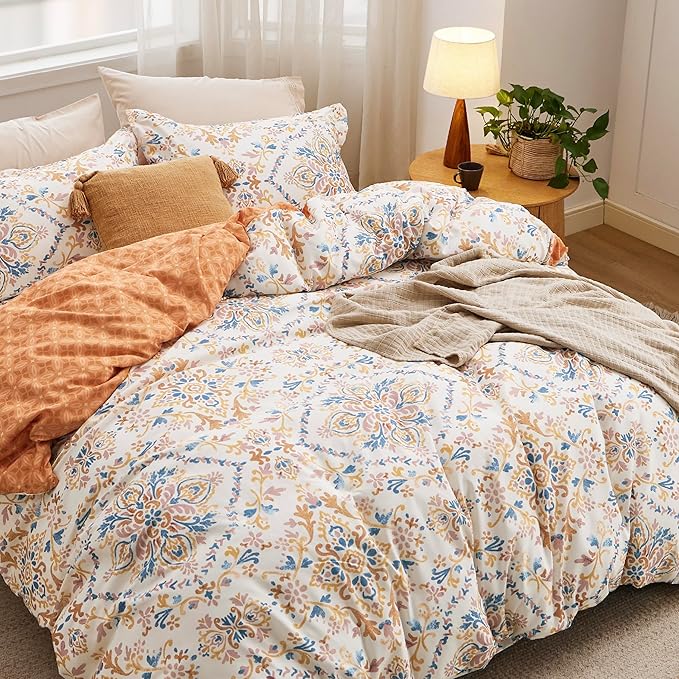 Bedsure Duvet Cover Queen Size - Reversible Floral Duvet Cover Set with Zipper Closure, 3 Pieces Bohemian Orange Bedding Set with 8 Corner Ties and 2 Pillow Shams 20"x26"