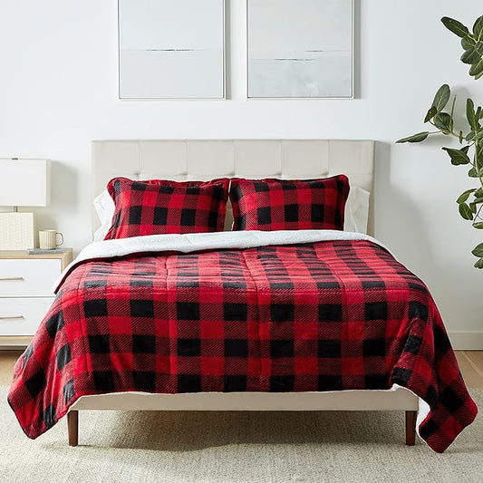 Amazon Basics 3 Piece Bedding Set, Micromink Sherpa, Ultra-Soft, Warm All Season Comforter, Full/Queen, Red Buffalo Plaid