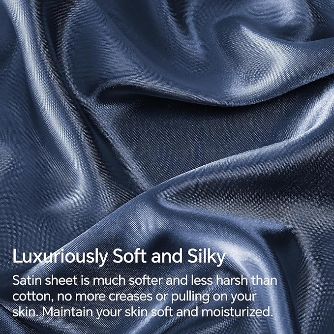 BEDELITE Satin Sheets Full Size Bed Set, Luxury Soft Navy Silky Sheet for Hair and Skin, Similar to Silk Bed Sheets Set 4 Pieces with 1 Deep Pocket Fitted Sheet, 1 Flat Sheet, and 2 Pillowcases
