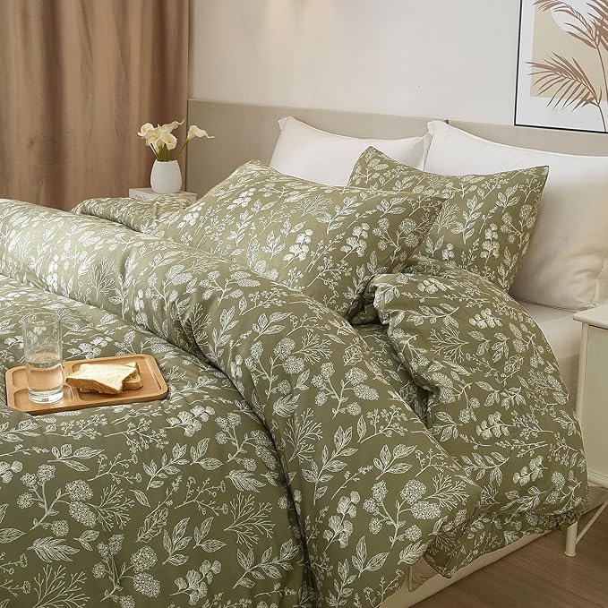 Floral Duvet Cover Twin Size Girl Olive Green Duvet Cover Set with Zipper Closure Soft Cotton Twin Comforter Cover 3 Piece Garden Bedding Set with Boho Leaves Aesthetic Bedding Duvet Cover Set