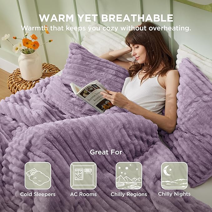 Bedsure Queen Comforter Set - GentleSoft™ 3 Pieces Fluffy Double-Side Fleece Comforter Set, Cozy Striped Room Decor Aesthetic, Luxury Light Purple Bedding Queen Size with 2 Pillowcases, 90x90 Inches