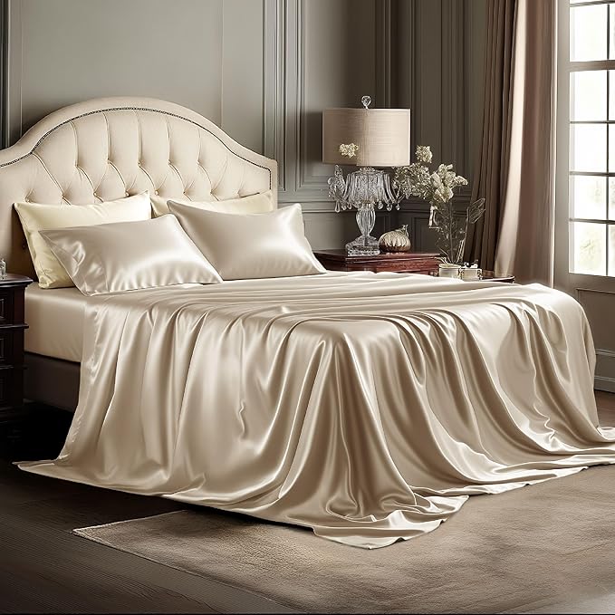 Bedsure Satin Sheets Full Size - 4 Piece Silky Bedsheets with 15 Inches Deep Pocket Fitted Bedsheet,1 Flat Sheet, 2 Satin Pillowcases, Good for Hair & Skin (Full, Champagne)