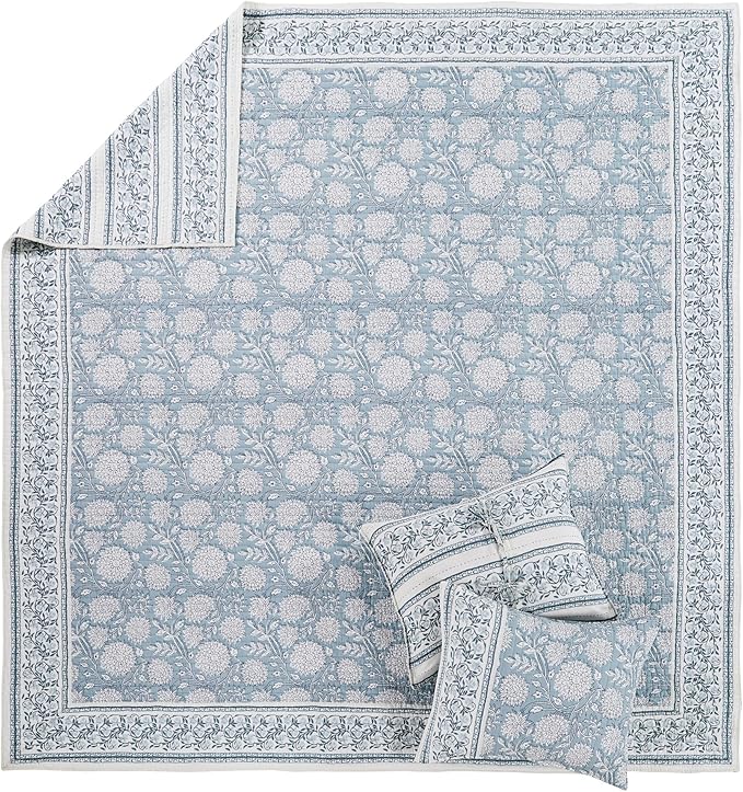 Levtex Home Adare Blue Reversible Twin XL/Twin Quilt Set (68x86in) with 1 Pillow Sham (26x20in) - Floral Bedding - Blue White - Cotton Twin Size Quilt Bedding Set - Lightweight, Soft, Pre-Washed